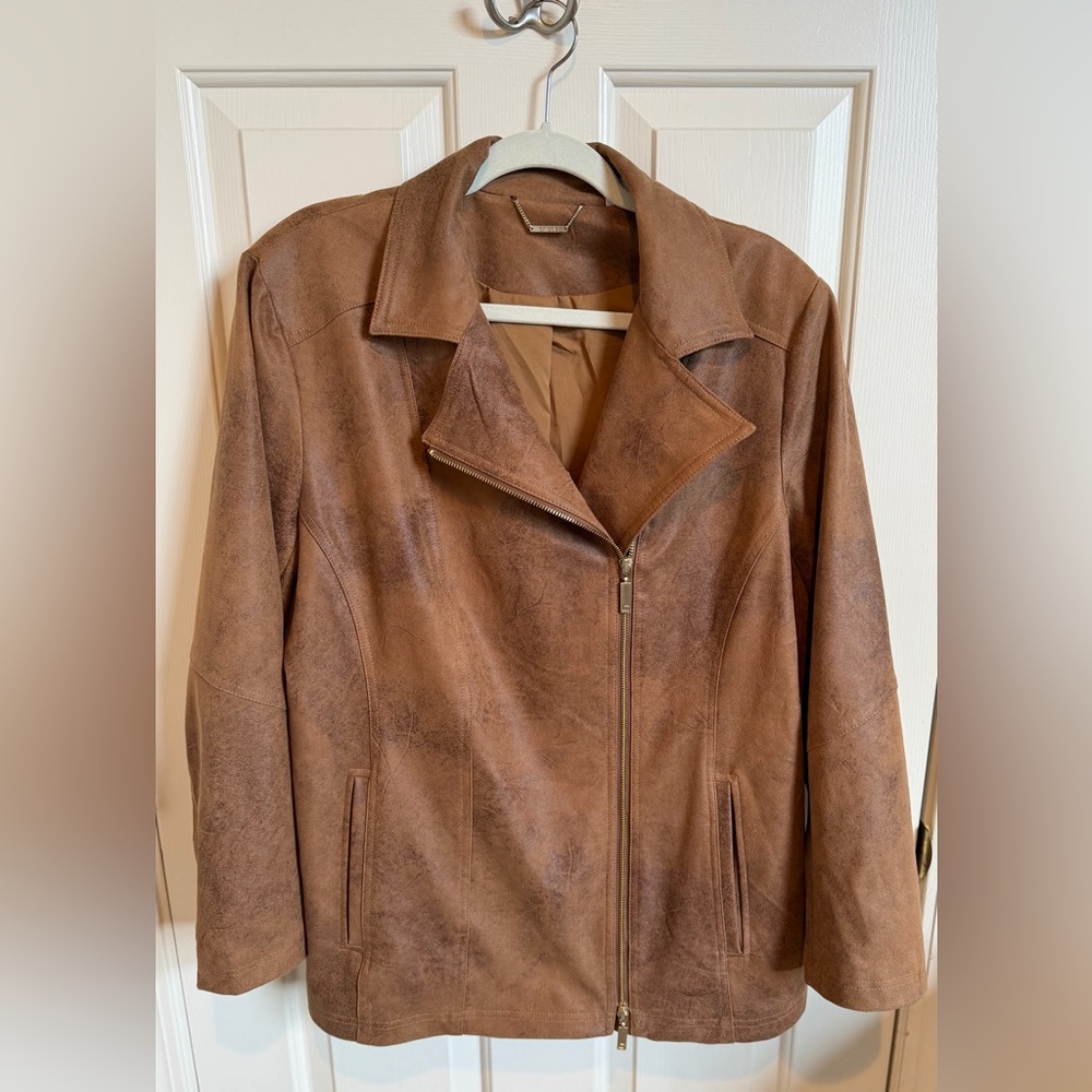 Like new! Chicos faux suede moto jacket. Size 3, (16) distressed brown. Lined. - Picture 3 of 8